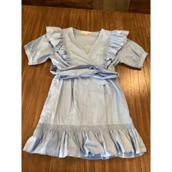 Karlie morgan poplin Wrap Tie Ruffle Puff Sleeves Mini Dress Blue Cotton Large - Picture 2 of 10